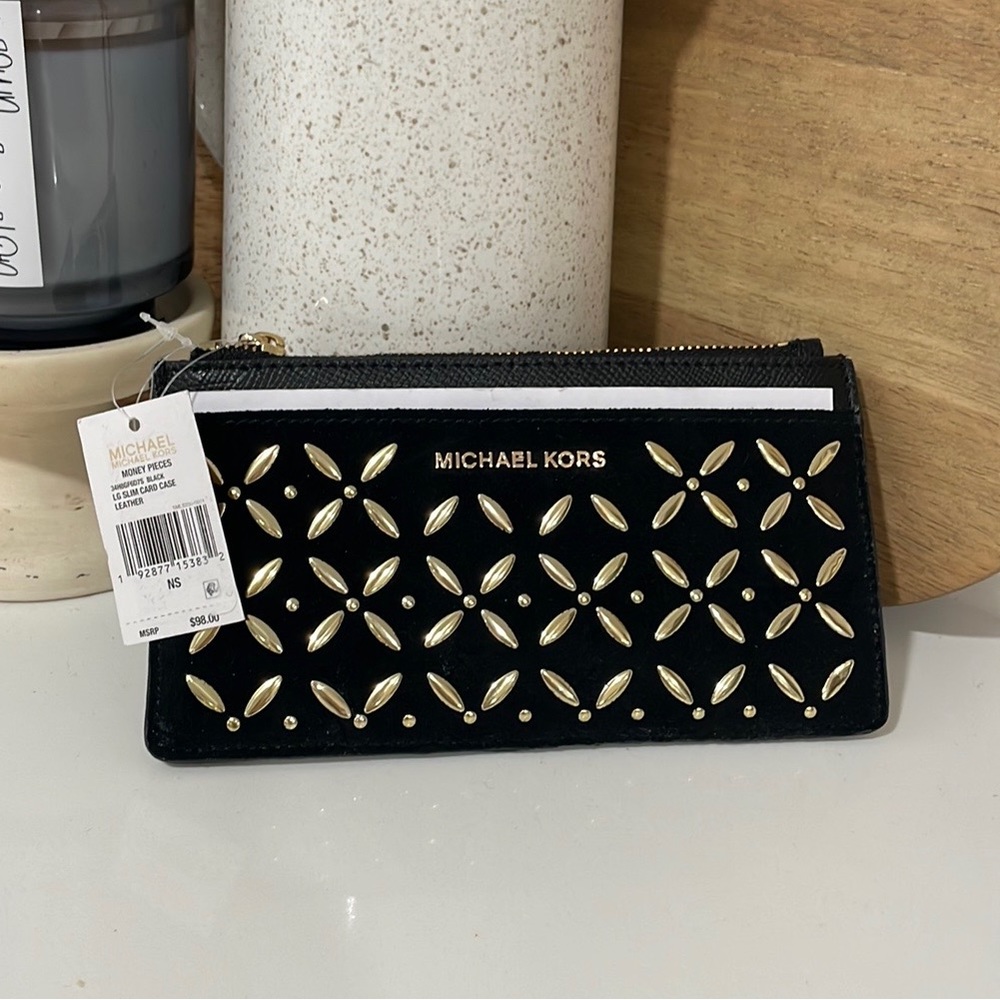 NWT Michael Kors LG Leather Slim Card Case with Zipper and Velvet front